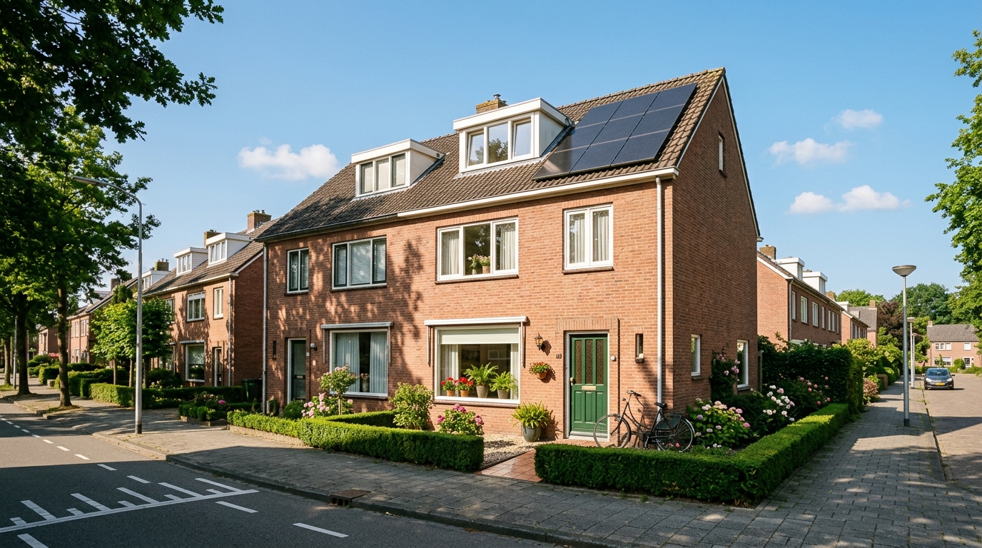 Nederlandse rijwoning met zonnepanelen, overdag