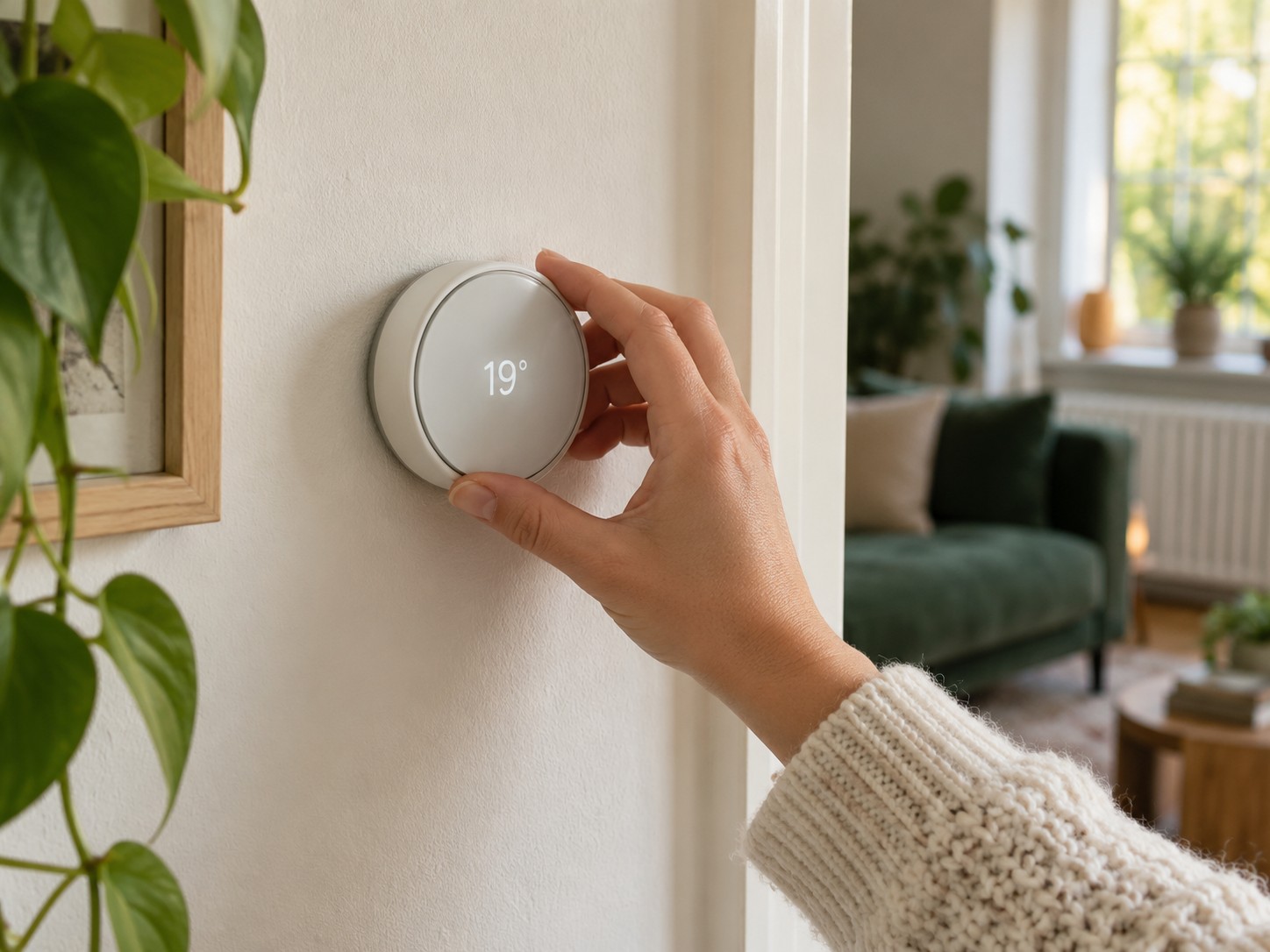 Een hand stelt de thermostaat in een woonkamer in