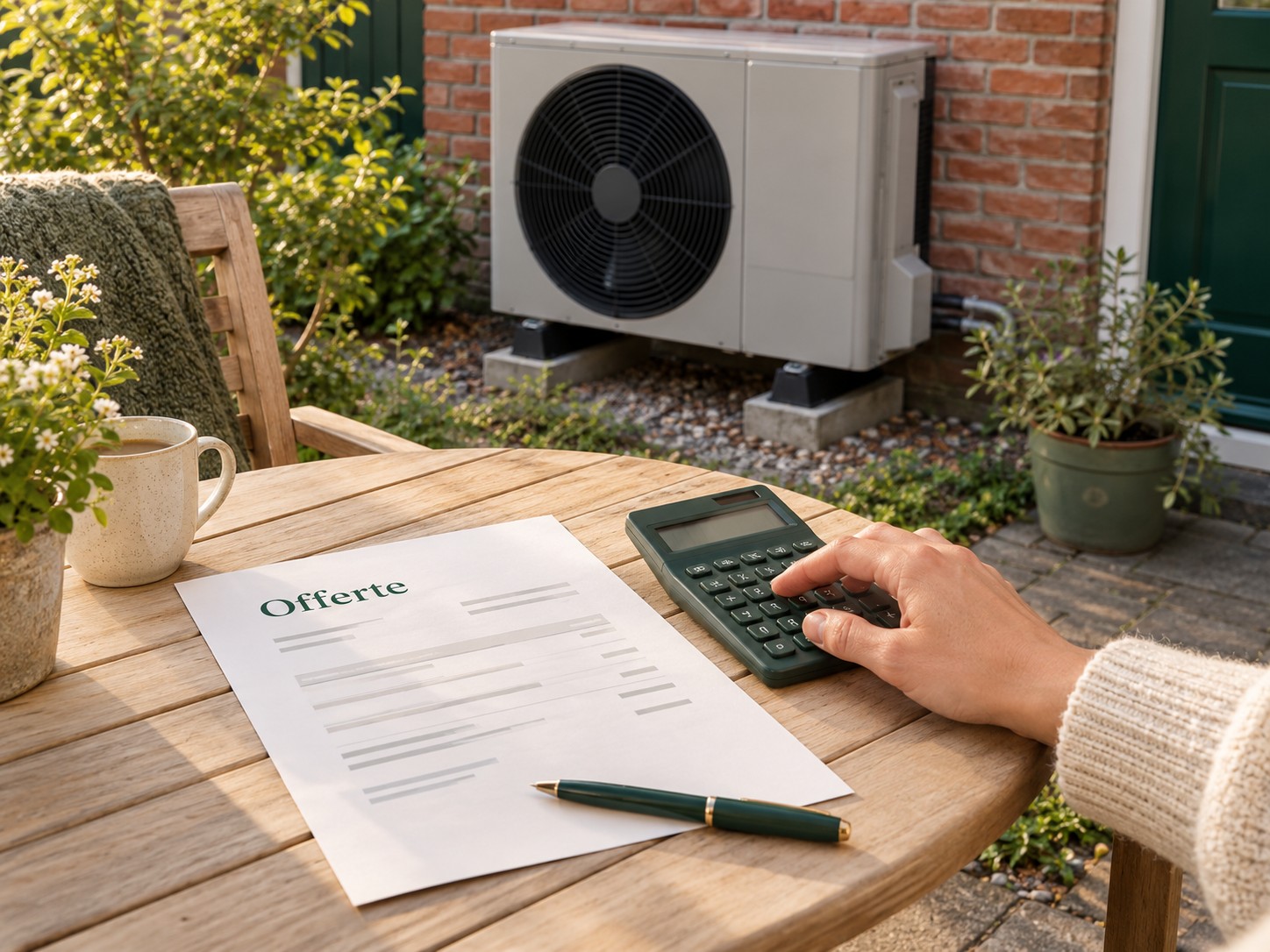 Een offerte en rekenmachine op tafel, met een warmtepomp op de achtergrond