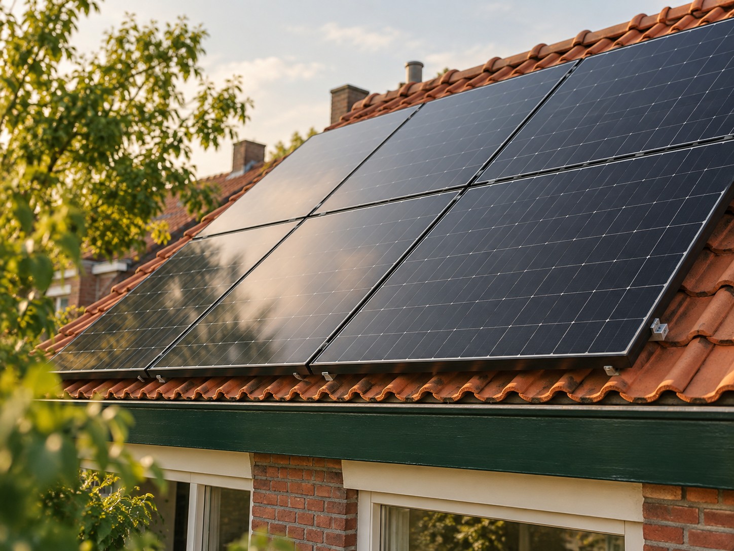 Zonnepanelen van dichtbij op een pannendak in warm zonlicht