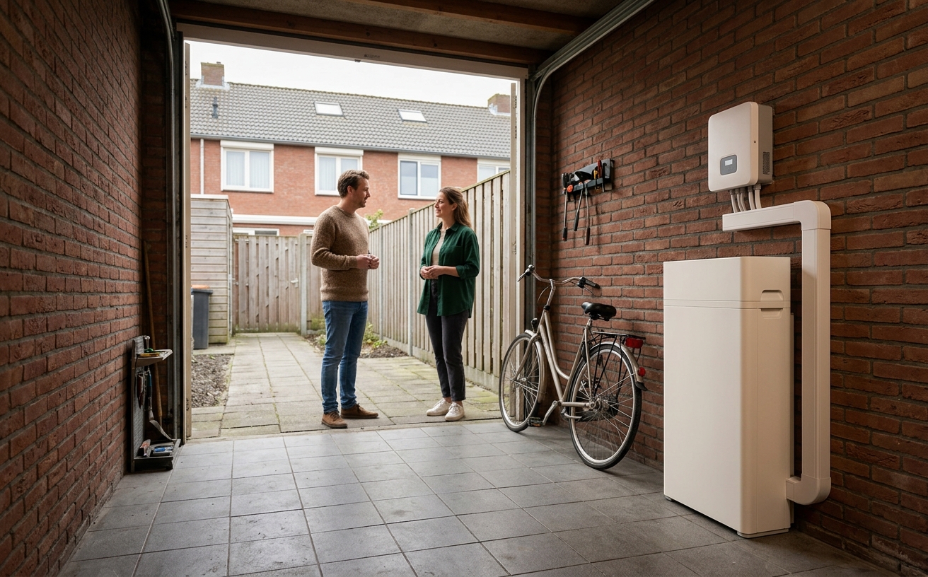 Twee mensen in gesprek in een open berging; rechts tegen de bakstenen muur staat een thuisbatterij met de omvormer erboven