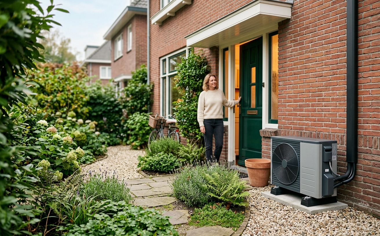 Vrouw in de open voordeur van een rijtjeswoning; rechts tegen de gevel staat de buitenunit van een warmtepomp op een grindterras